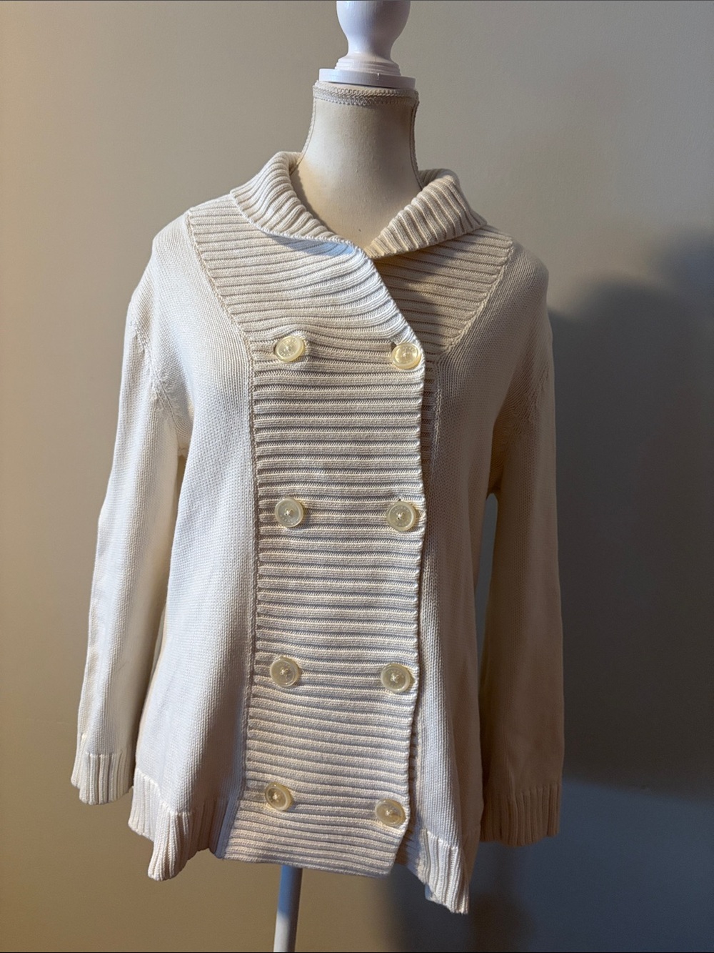 Ralph Lauren 100% Cotton Cream Double-Breasted Knit Long Sleeve Sweater